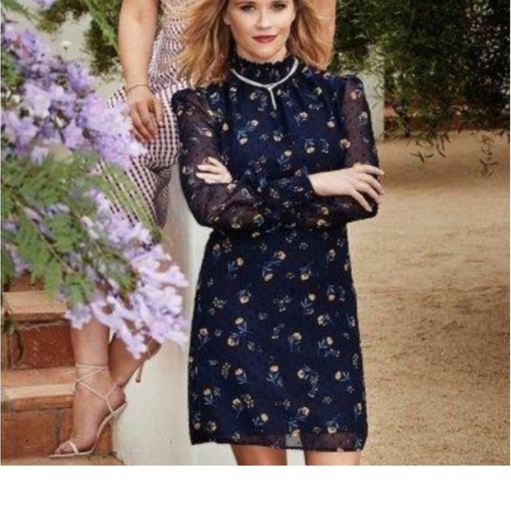 DRAPER JAMES Swiss Dot Field of Flowers  Smocked Dress in Nassau Navy Size MED - Picture 11 of 11